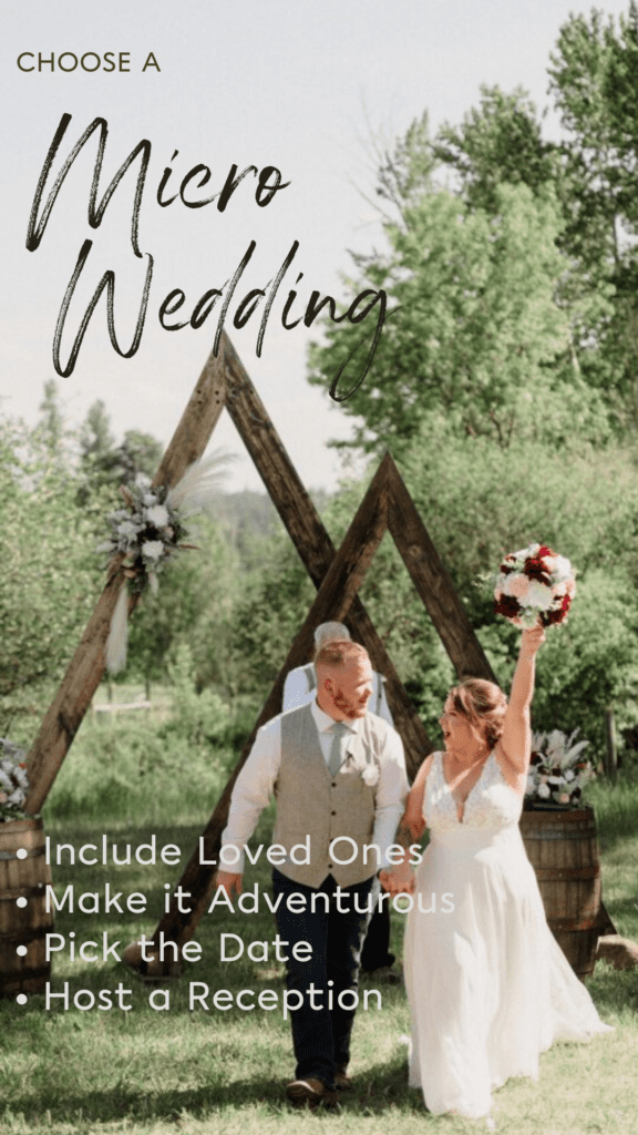 How to choose between a micro wedding or elopement. Benefits of a micro wedding with wedding couple standing in front of triangle arch.