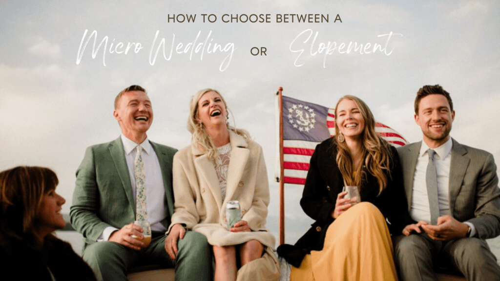 How to choose between a micro wedding or elopement. Group of friends at wedding on a boat with beverages.