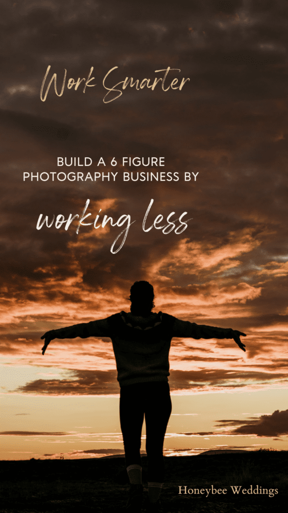 how to work less in your photography business - work smarter. Photo of orange sunset and silhouette of woman with arms outstretched toward the horizon. 