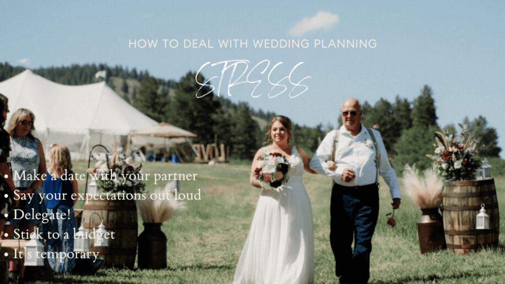 How to deal with Wedding Stress. Bride being walked down the aisle on green grass and trees in the distance.