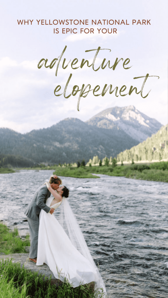 How to elope in Yellowstone national park. Groom leaning back bride on the river's edge.