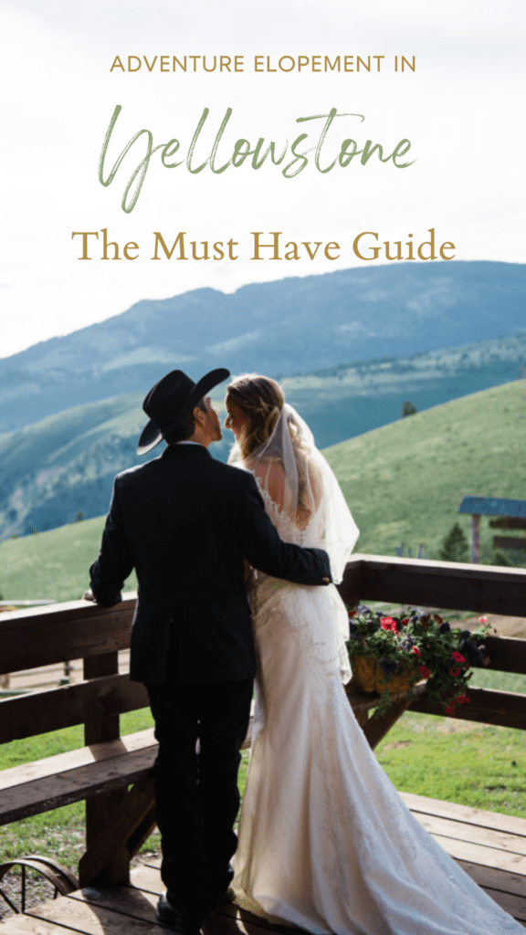 How to elope in Yellowstone national park. Groom in black hat and bride in white. Photo taken from the back while couple looks out towards the mountain.