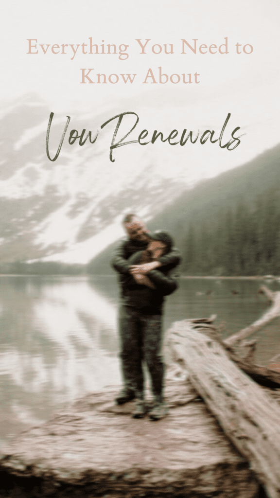 Everything you need to know about vow renewals. Couple in Glacier National Park, man hugging woman from behind. Snow capped mountains.