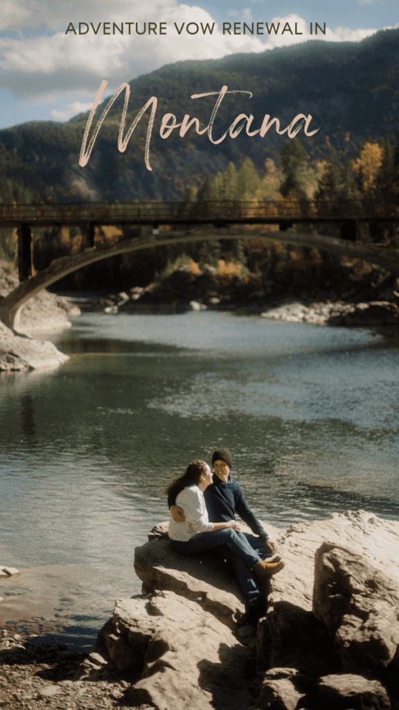 Adventure vow renewal at Glacier National Park with couple sitting on a rock next to the river.