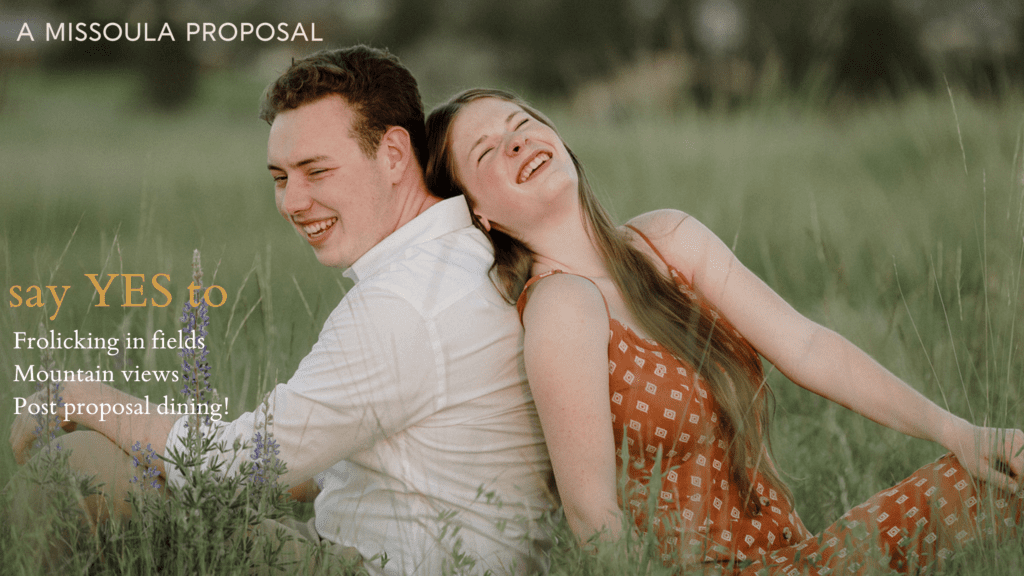 Propose in Montana at Blue Mountain. Photo of couple back to back in a field. Say YES!