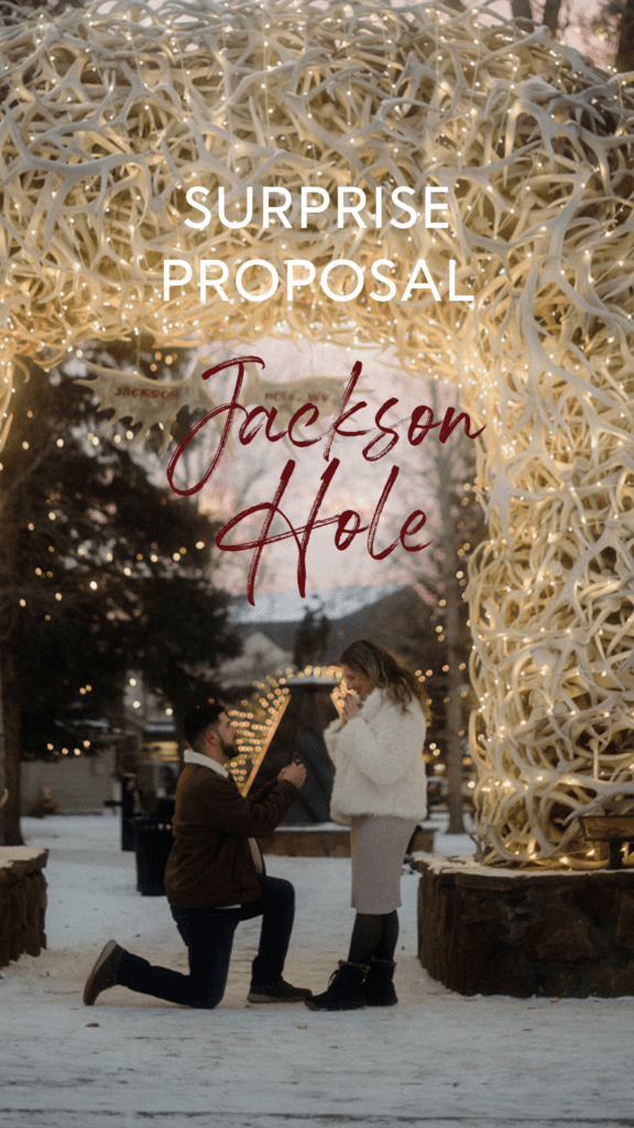 Proposal in Grand Teton. Man on his knee proposing in Downtown Jackson Hole, Wyoming under twinkling lights.