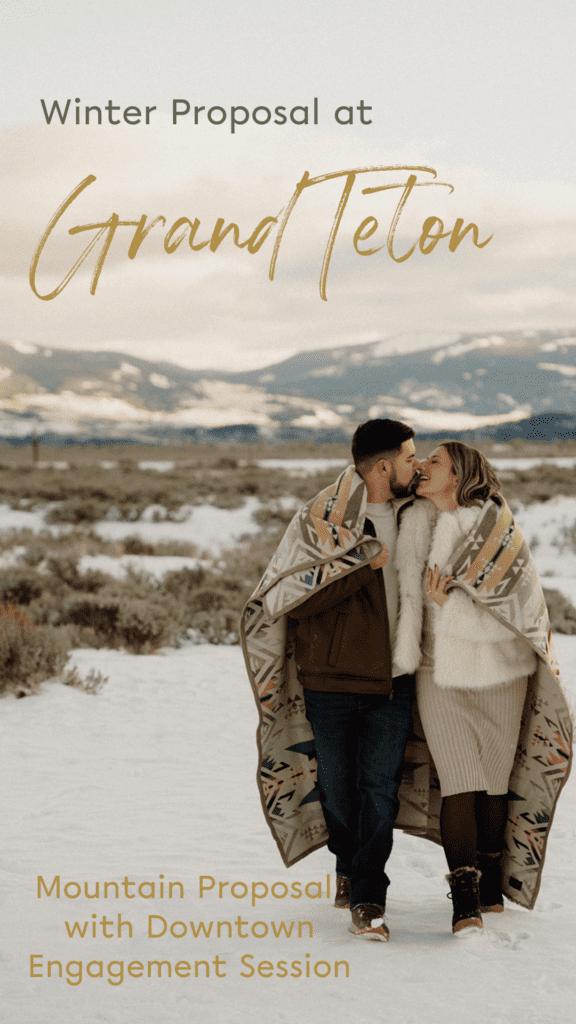 Proposal in Grand Teton. Man and woman with blanket around them as they stroll along the mountains in. Winter wonderland proposal.