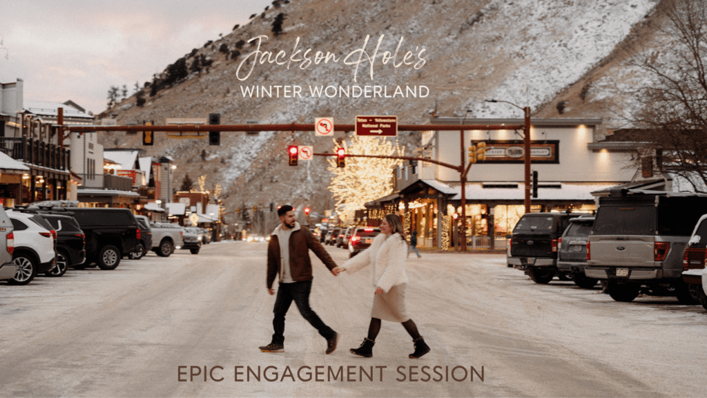 Proposal in Grand Teton. Winter wonderland engagement session with couple strolling in Jackson Hole, Wyoming.