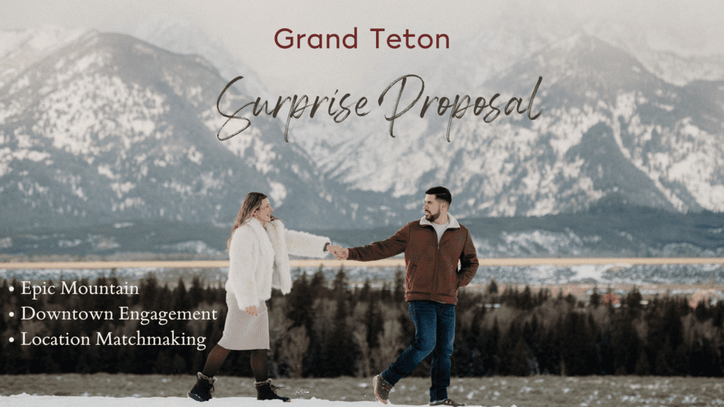 Proposal in Grand Teton. Man leading woman along with the epic mountains in the background. Winter wonderland proposal.