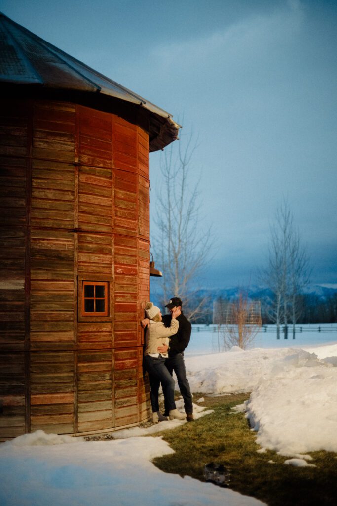 Experience the magic of a winter Bozeman Montana engagement with epic mountains, major Western vibes, and champagne pops.