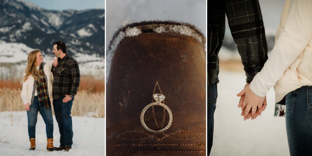 Experience the magic of a winter Bozeman Montana engagement with epic mountains, major Western vibes, and champagne pops.