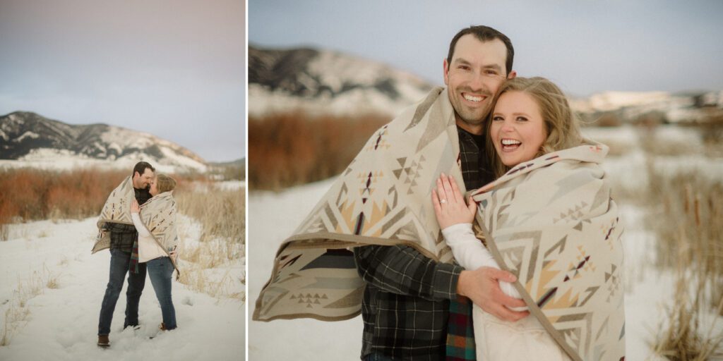 Experience the magic of a winter Bozeman Montana engagement with epic mountains, major Western vibes, and champagne pops.