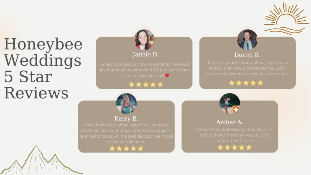 Honeybee Weddings how to get 5 star reviews, Steo by step guide to when to ask for reviews, why they are important, and tips to resharing.