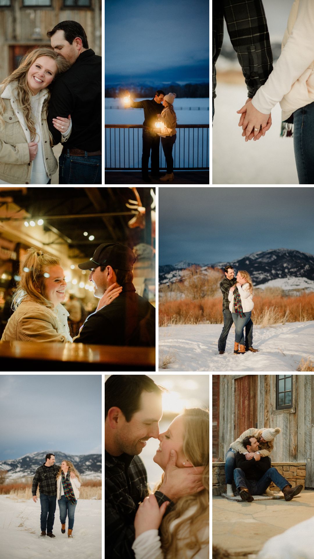 Experience the magic of a winter Bozeman Montana engagement with epic mountains, major Western vibes, and champagne pops.