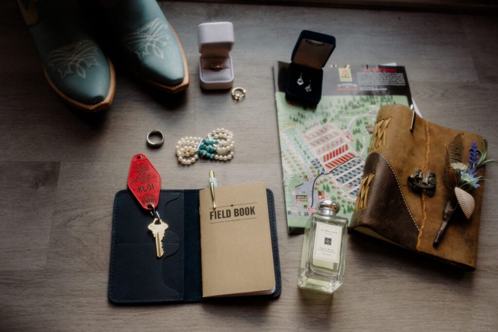 Wedding details laid out for micro wedding.