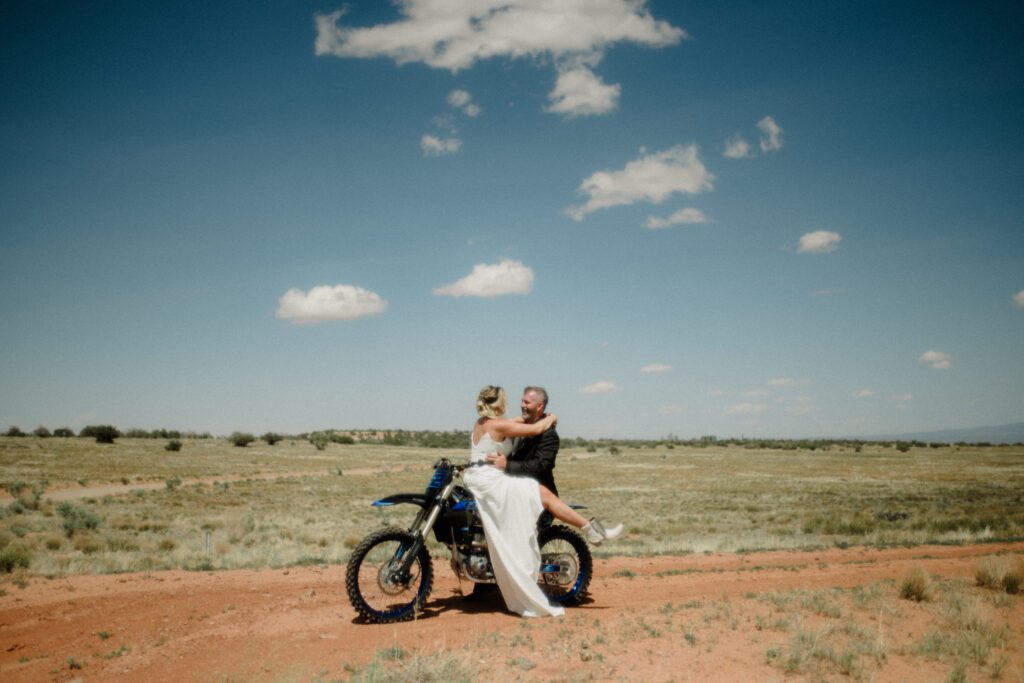 moab elopement, dirt bike wedding, desert elopement dirt bike photo, adventure elopement moab images, moab elopement photographer