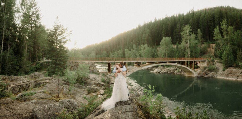How to have a micro wedding in Glacier National Park with 30 friends and family. Couple on the edge of the river.