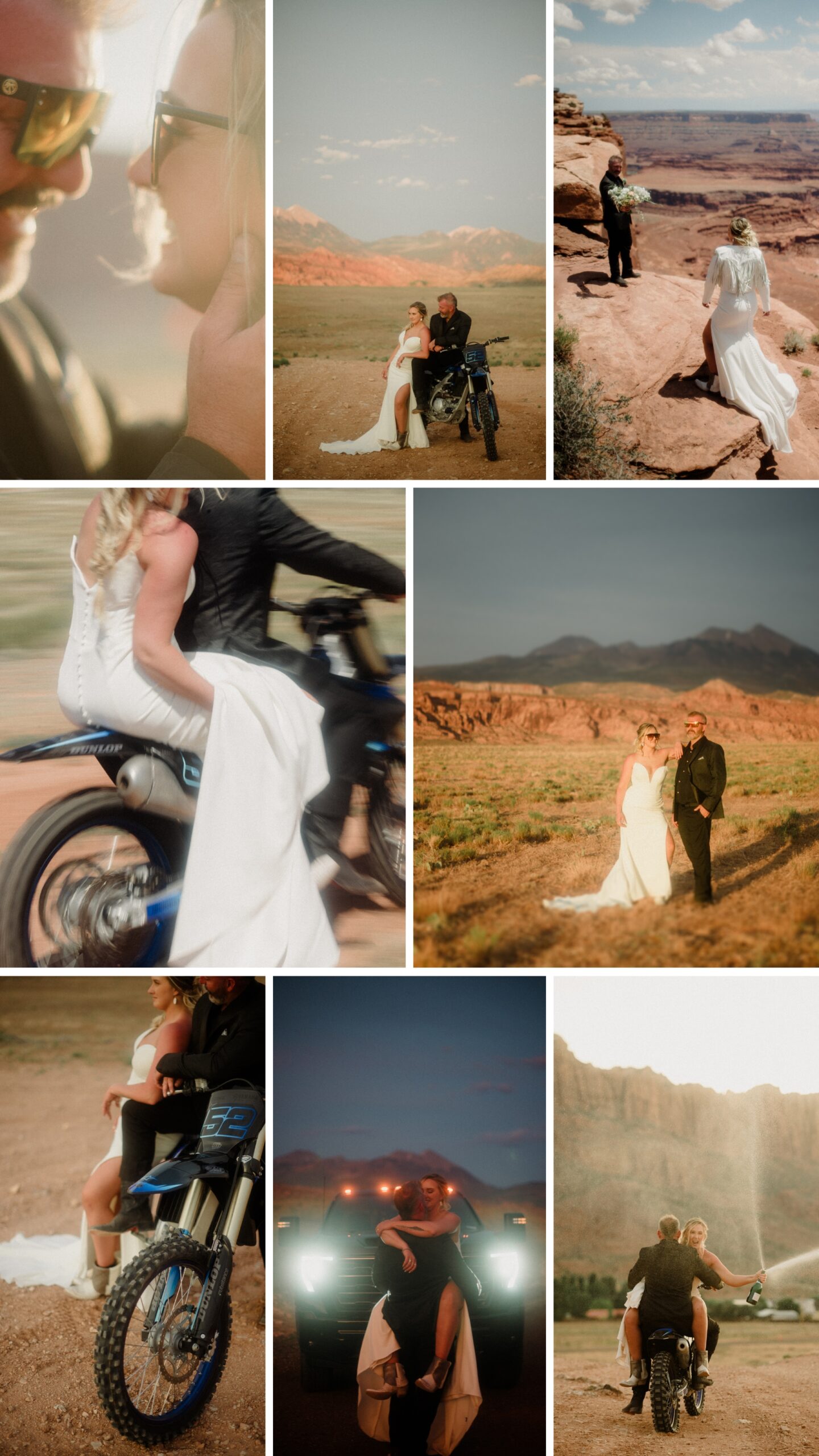 Moab, Utah adventure wedding with bride and groom walking down the aisle. Summer sun above and red rocks below.  Dirt bike wedding photos.
