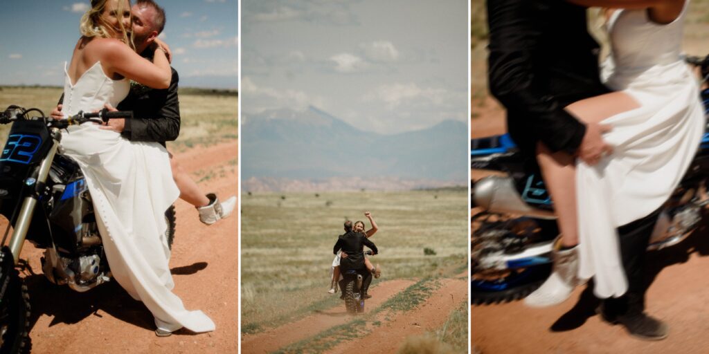 moab elopement, dirt bike wedding, desert elopement dirt bike photo, adventure elopement moab images, moab elopement photographer