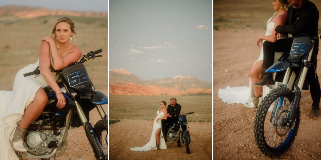 moab elopement, dirt bike wedding, desert elopement dirt bike photo, adventure elopement moab images, moab elopement photographer