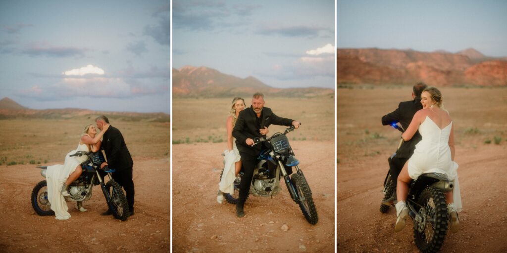 moab elopement, dirt bike wedding, desert elopement dirt bike photo, adventure elopement moab images, moab elopement photographer