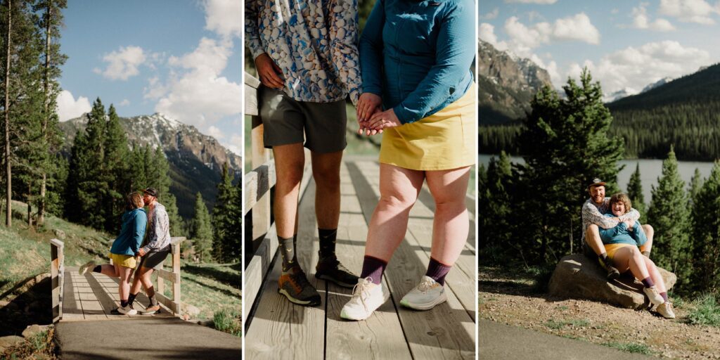 Couple laughing during engagement photos in Bozeman at Hyalite Canyon
