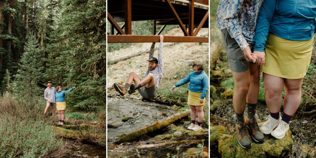 Couple laughing during engagement photos in Bozeman at Hyalite Canyon