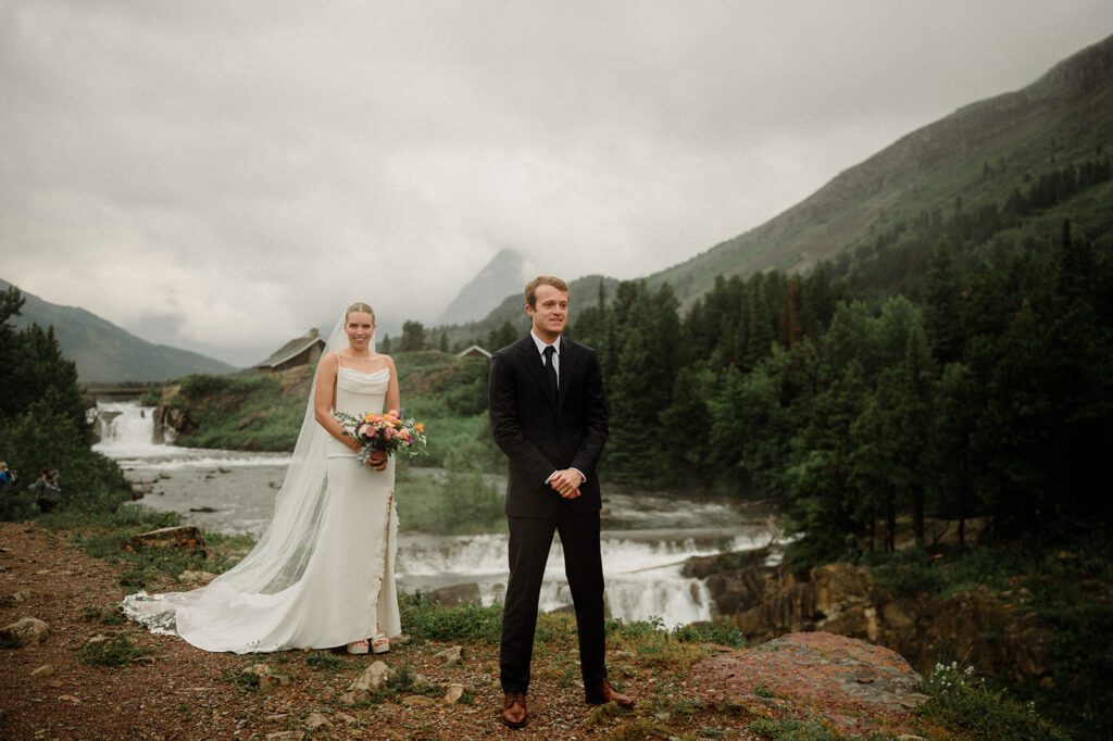 Rain filled National Park wedding in Glacier! Includes tunnel, Going-to-the-Sun road, and Many Glacier hotel ceremony by local photographer.