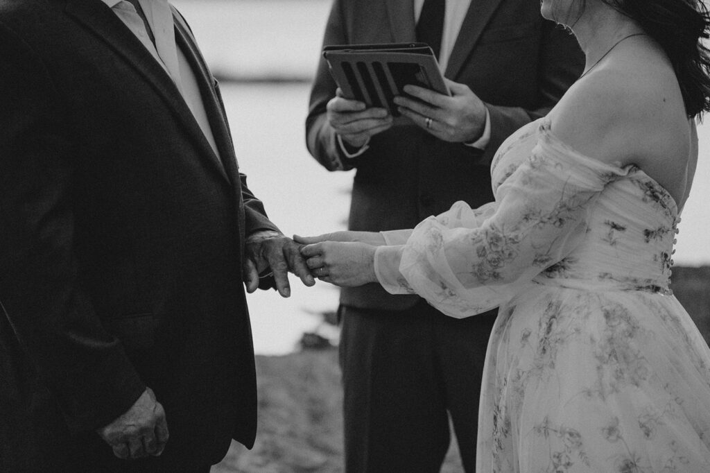 Cropped photo of officiant and bride and groom holding hands. 
