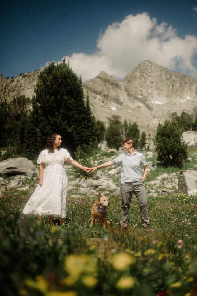 K&S's Montana hiking engagement session in Big Sky —wildflowers, adventure vibes, and pup cameos included!