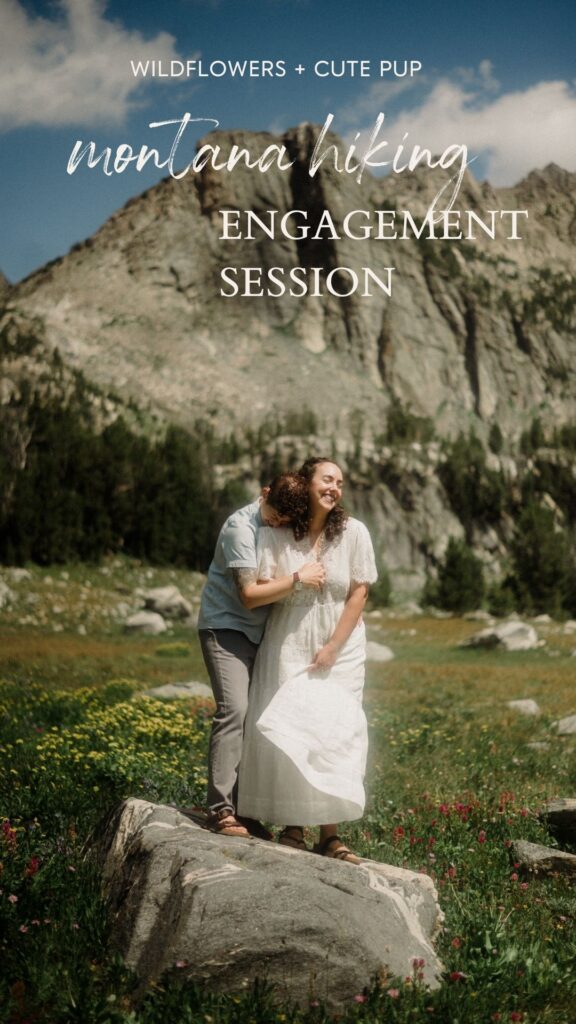 K&S's Montana hiking engagement session in Big Sky —wildflowers, adventure vibes, and pup cameos included!