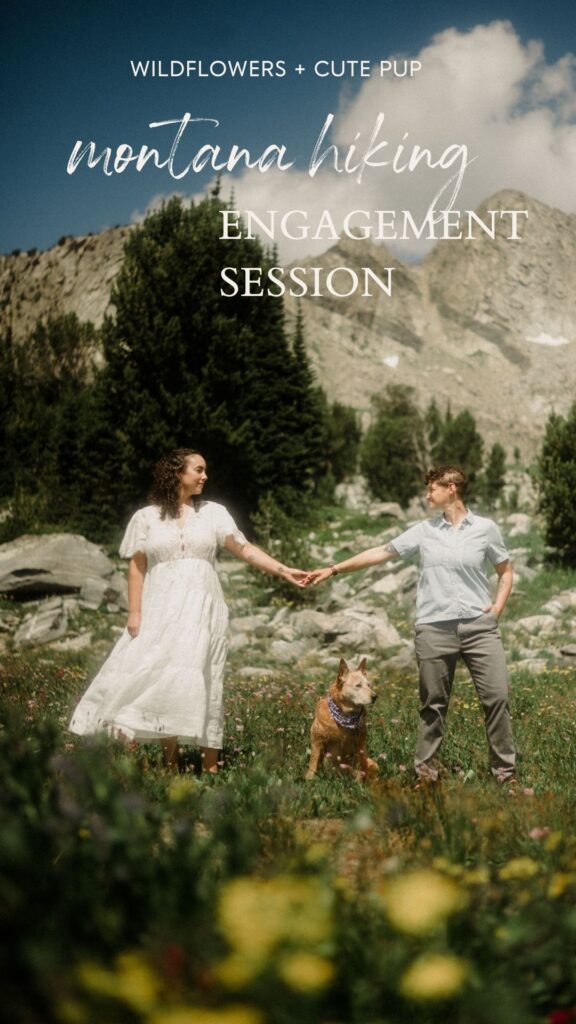 K&S's Montana hiking engagement session in Big Sky —wildflowers, adventure vibes, and pup cameos included!