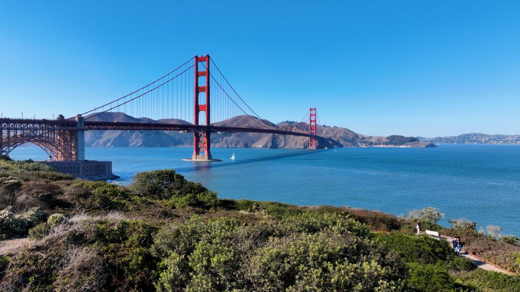 Golden Gate Bridge At San Francisco In California United States. Downtown City Skyline. Transportation Scenery. Golden Gate Bridge At San Francisco In California United States.