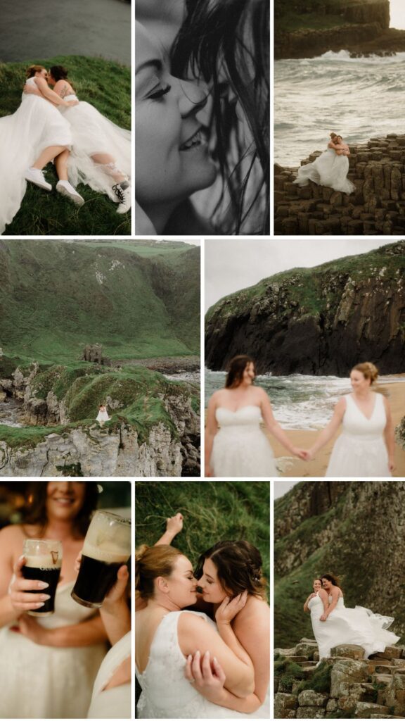 Northern Ireland elopement with epic locations like Kinbane Castle, Ballintoy Harbor and Giant's Causeway! LGBTQ+ wedding photographer takes Debbie & Kirstie on an epic adventure in Northern Ireland!