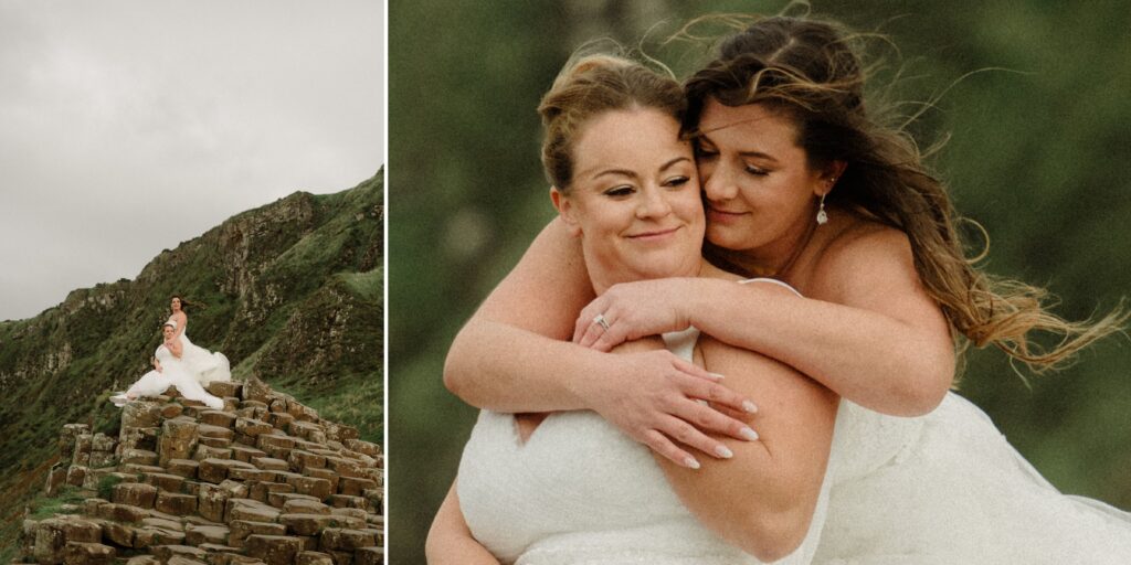 Northern Ireland elopement with epic locations like Kinbane Castle, Ballintoy Harbor and Giant's Causeway! LGBTQ+ wedding photographer takes Debbie & Kirstie on an epic adventure in Northern Ireland!