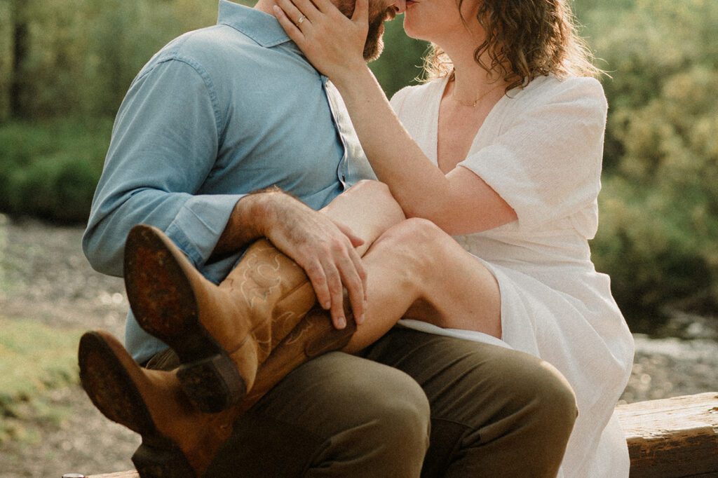 Hyalite Canyon Engagement Session with epic mountain views, lake magic, dog-friendly trails, and a hilarious Halloween ghost twist. Fun, real,  SO Bozeman. 
