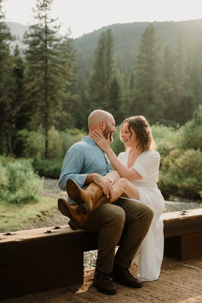 Hyalite Canyon Engagement Session with epic mountain views, lake magic, dog-friendly trails, and a hilarious Halloween ghost twist. Fun, real,  SO Bozeman. 