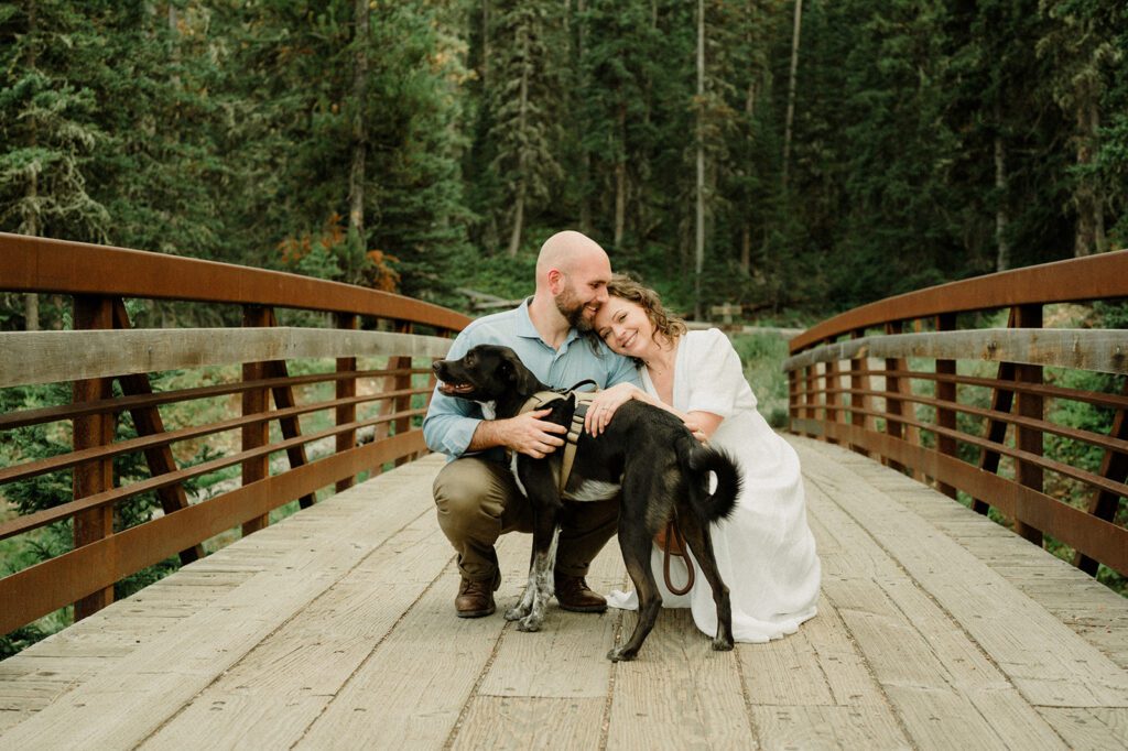 Bozeman dog friendly engagement photos on bridge.