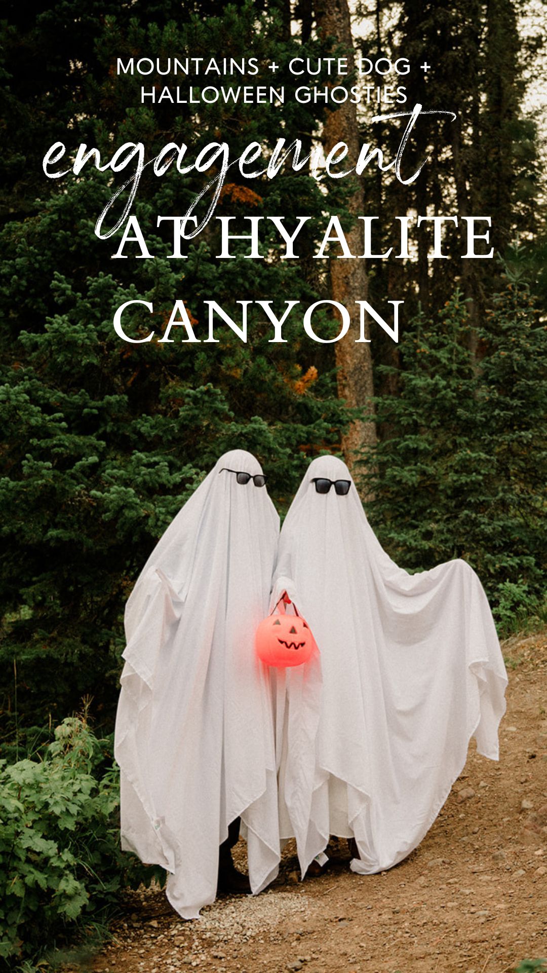 Hyalite Canyon Engagement Session with epic mountain views, lake magic, dog-friendly trails, and a hilarious Halloween ghost twist. Fun, real,  SO Bozeman. 
