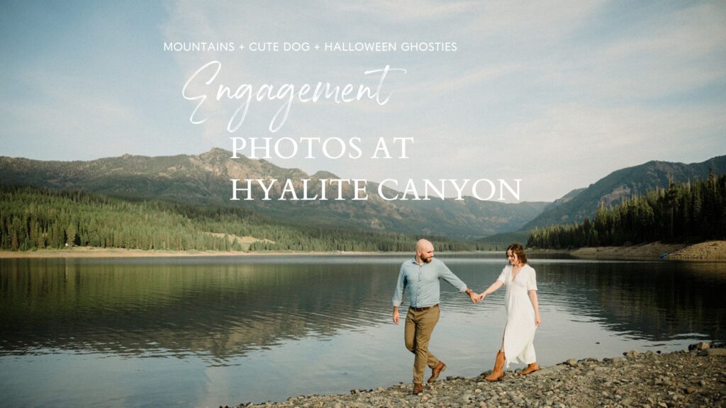 Hyalite Canyon Engagement Session with epic mountain views, lake magic, dog-friendly trails, and a hilarious Halloween ghost twist. Fun, real,  SO Bozeman. 