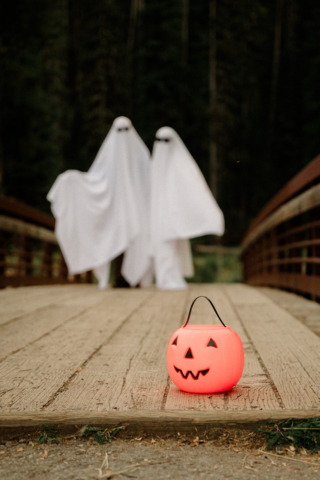 The best of 2025 Elopement & Wedding Photography. Ghosts on bridge. Halloween engagement photos.