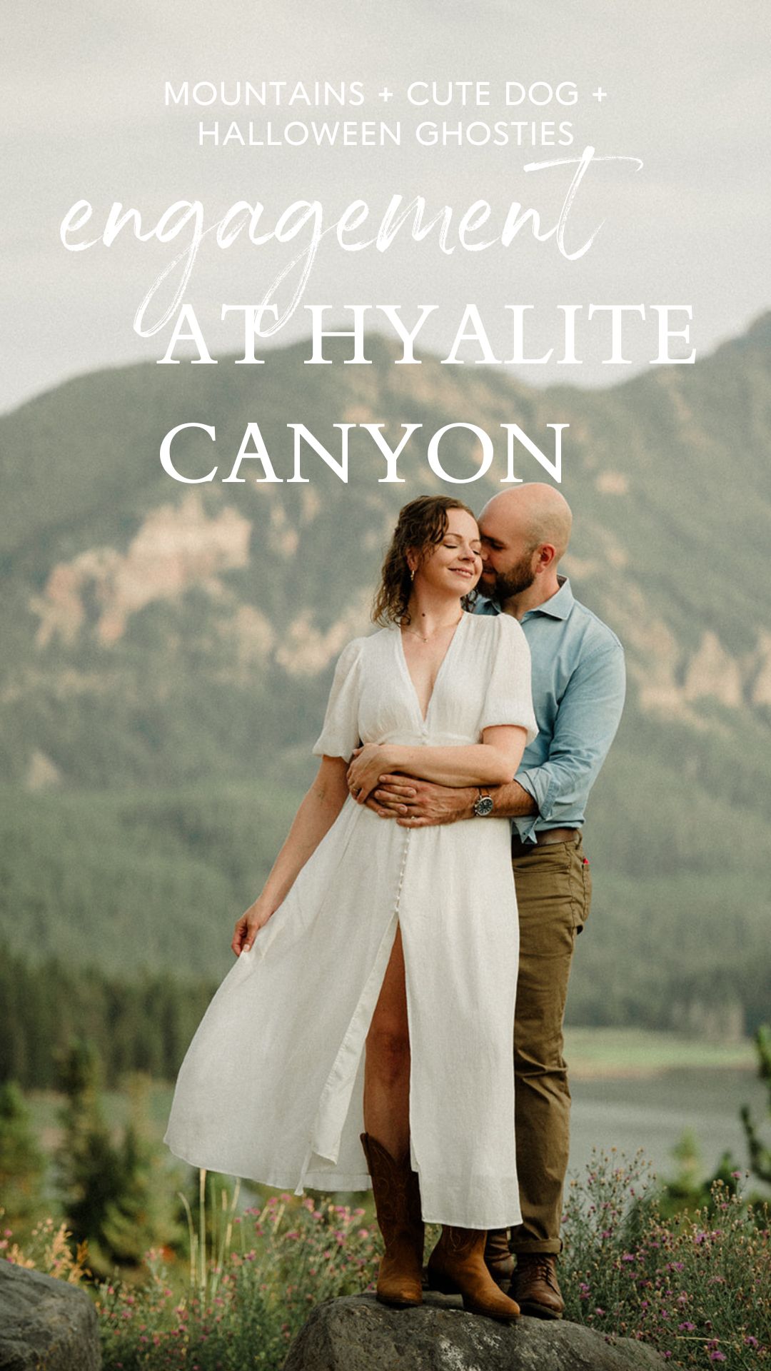 Hyalite Canyon Engagement Session with epic mountain views, lake magic, dog-friendly trails, and a hilarious Halloween ghost twist. Fun, real,  SO Bozeman. 