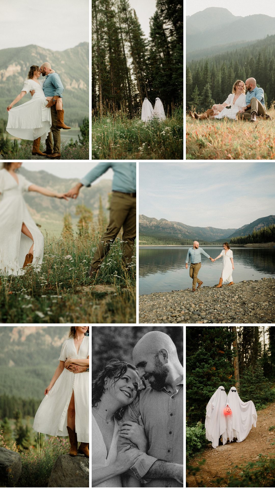 Hyalite Canyon Engagement Session with epic mountain views, lake magic, dog-friendly trails, and a hilarious Halloween ghost twist. Fun, real,  SO Bozeman. 