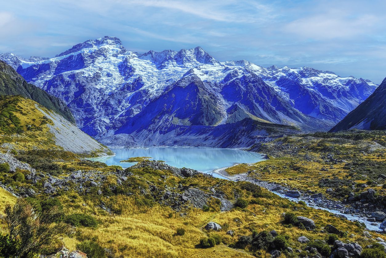 The Ultimate New Zealand Elopement Guide explores Aukland, Wellington, and endless adventures with the best time of year to elope. Mueller Lake seen from the Hooker Valley Track in Aoraki Mount Cook National Park, New Zealand
