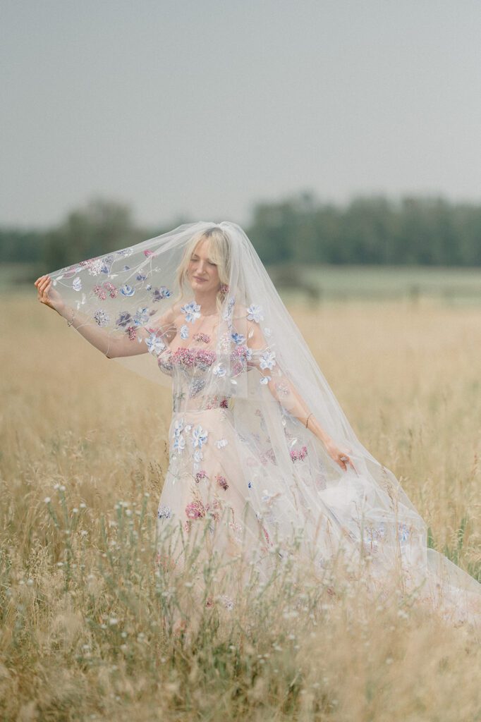 Colorful modern wedding in Bozeman at Firelight Farm featuring vibrant fashion, Filipino desserts, sunset portraits, and a disco after party.