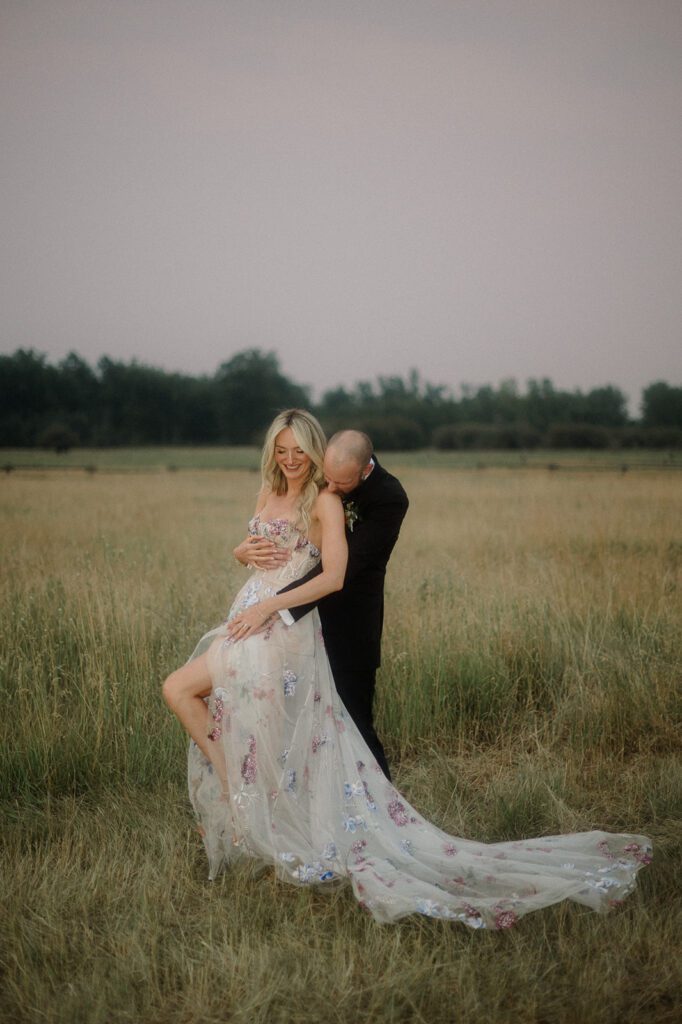 Colorful modern wedding in Bozeman at Firelight Farm featuring vibrant fashion, Filipino desserts, sunset portraits, and a disco after party.