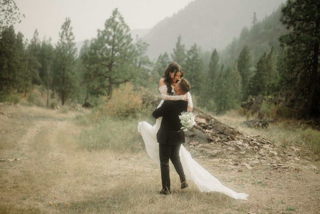 See this wedding at White Raven with Montana views, mountain engagement session and full wedding weekend festivities!  