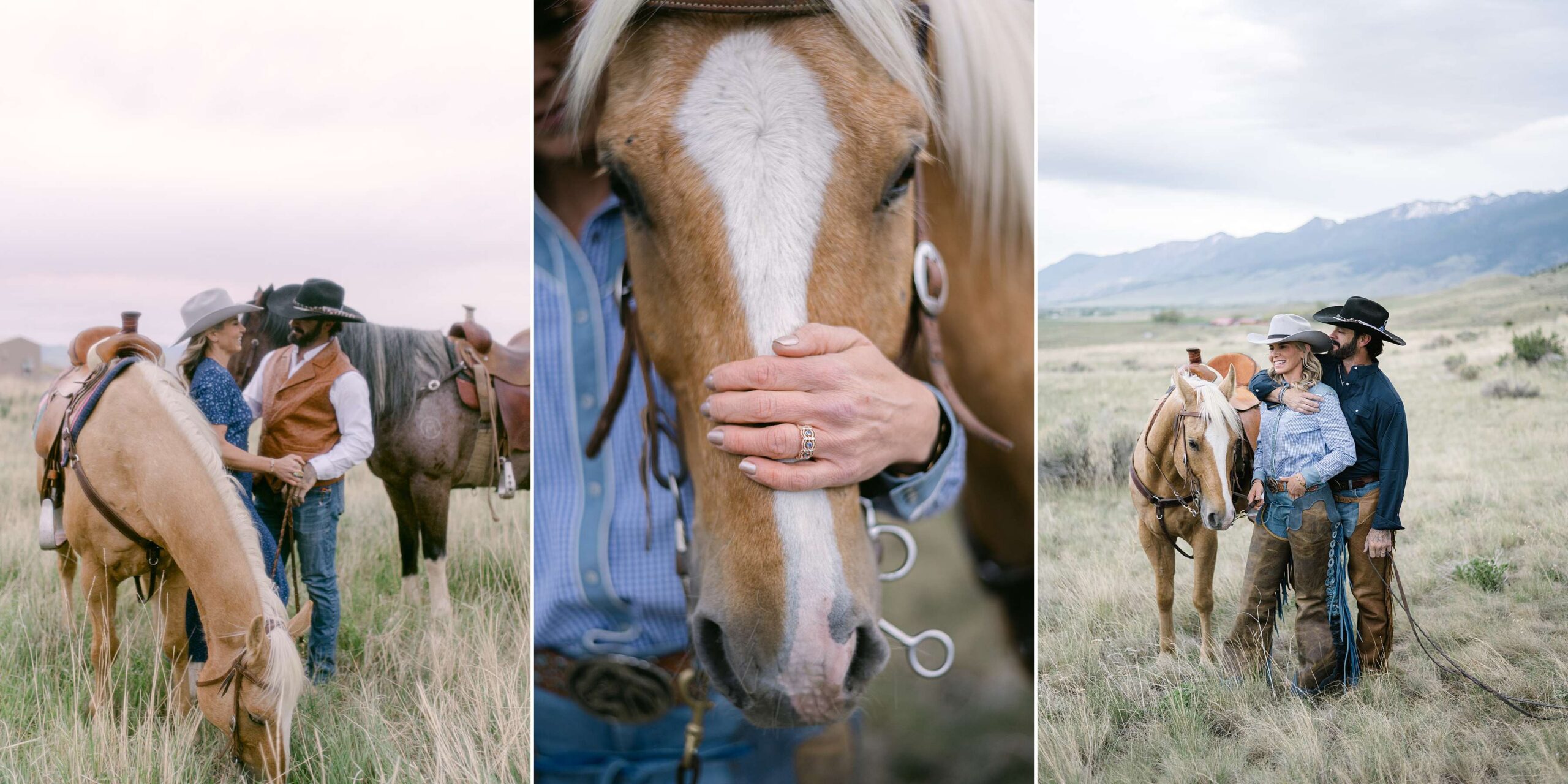 Adventure couple session riding horses at Chico Hot Springs, Montana in Paradise Valley