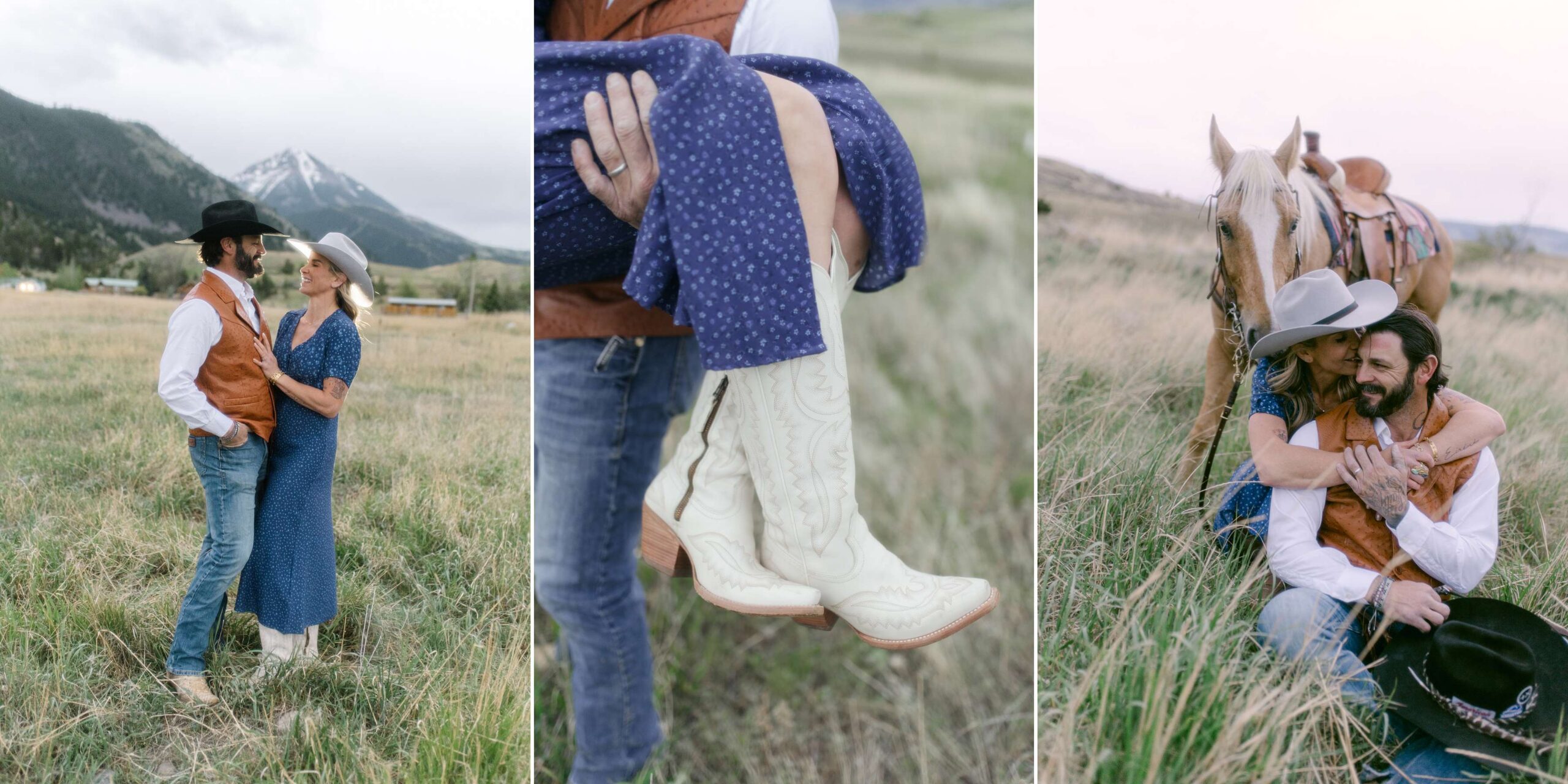 Adventure couple session riding horses at Chico Hot Springs, Montana in Paradise Valley