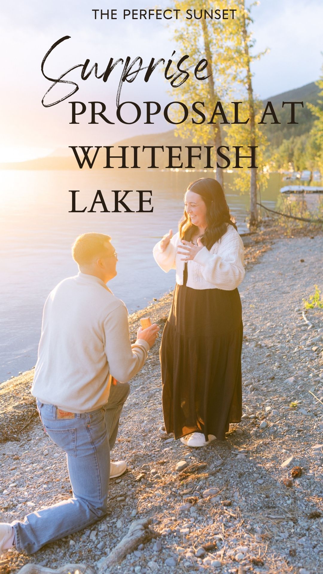 Whitefish surprise proposal on Whitefish Lake at sunset. Get tips on how to plan a surprise proposal, timing, outfit ideas, and how to make it feel natural and unforgettable.